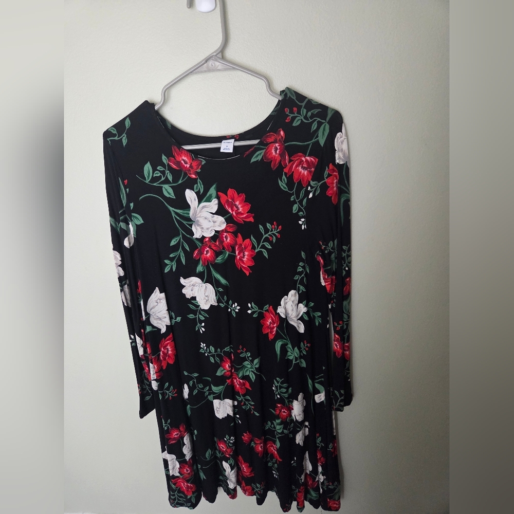 Old Navy Black Long Sleeve Dress with Red & White Floral Print